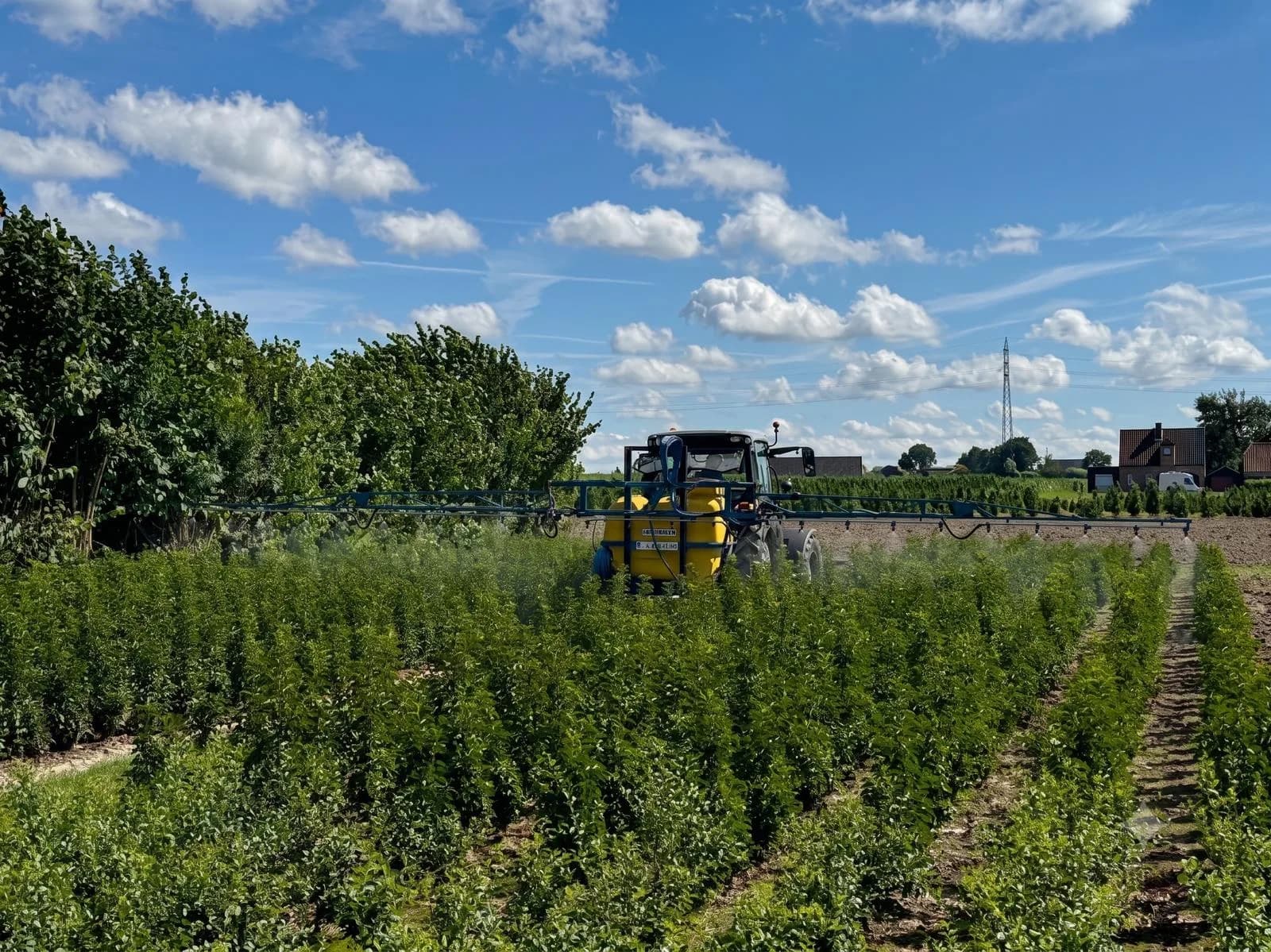 Besproeien van het veld met de tractor