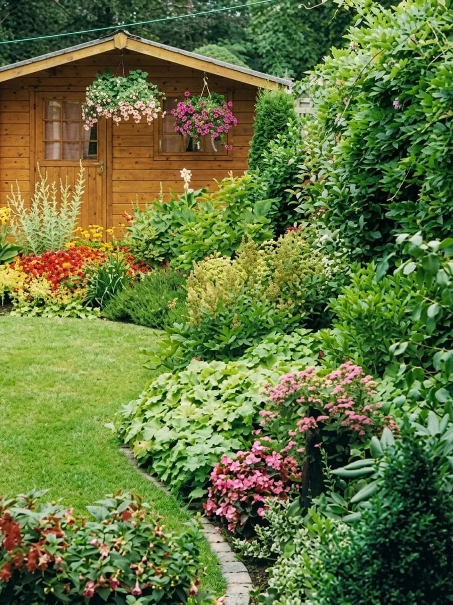 Bloeiende border langs een tuinhuisje